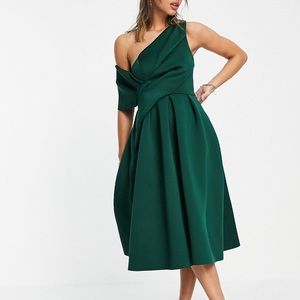ASOS Design Bare Shoulder Prom Midi Dress- Forest Green